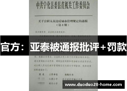 官方：亚泰被通报批评+罚款