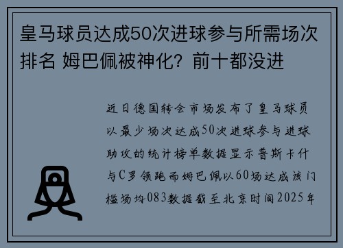 皇马球员达成50次进球参与所需场次排名 姆巴佩被神化?前十都没进 皇马球员达成50次进球参与所需场次排名 姆巴佩被神化?前十都没进